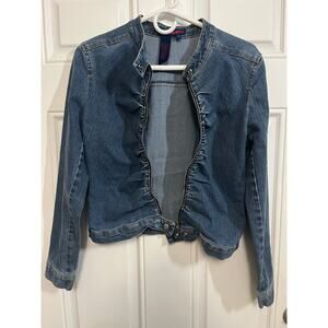 BCBG MaxAzria Denim Jacket Small Ruffle Zip Front Blue Casual Boho FLAW